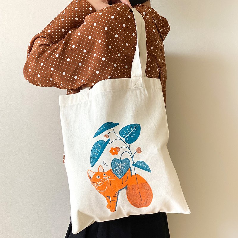 Tote Bag B5 Size  // Cat&Plants Illustration // Screen Print // Orange × Ramune - กระเป๋าถือ - ผ้าฝ้าย/ผ้าลินิน สีส้ม
