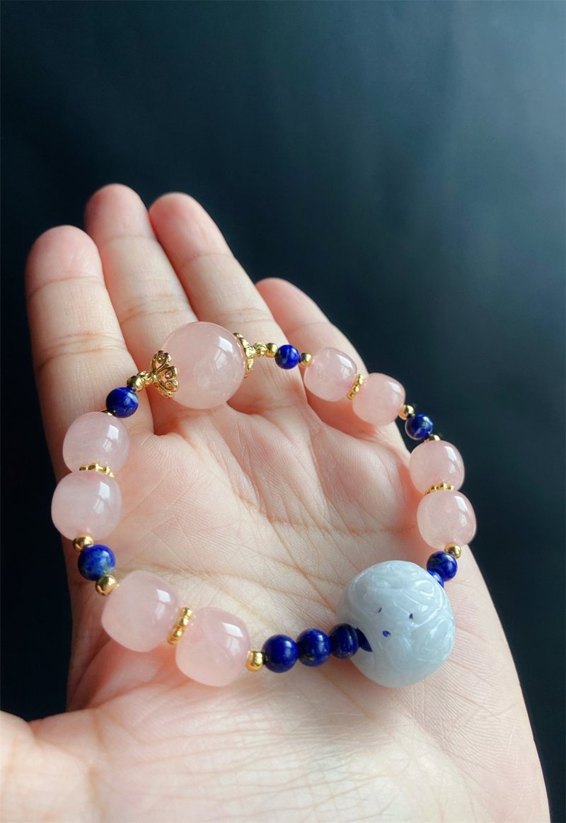 Natural Burmese Jade Emerald Rose Quartz Protective Apothecary Beads Lapis Lazuli Design Bracelet Gift - สร้อยข้อมือ - หยก สึชมพู