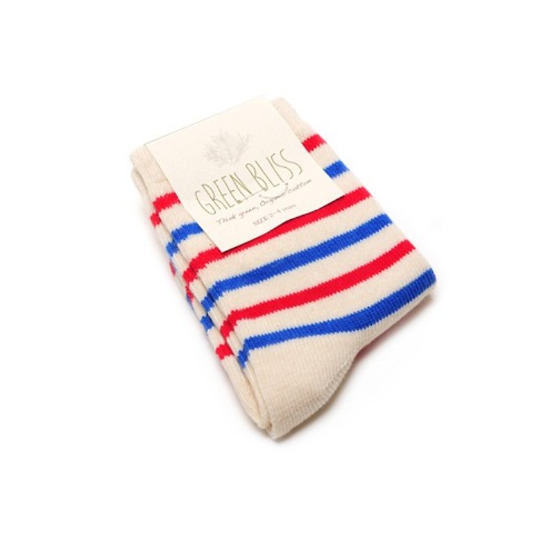 GREEN BLISS Organic Cotton Socks - Baby Series - Cypress Red & Blue Striped Children Socks - ถุงเท้าเด็ก - ผ้าฝ้าย/ผ้าลินิน สีแดง