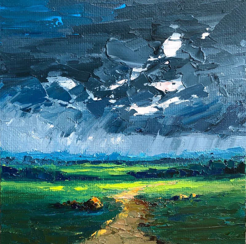 Original Stormy Landscape Cloudy Sky Artwork Road Oil Painting Impasto Art - 壁貼/牆壁裝飾 - 棉．麻 多色