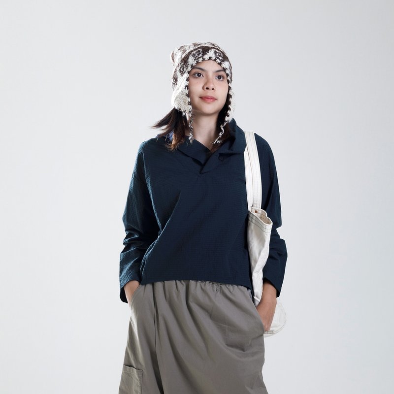 立體線織紋V領單釦上衣 - 女上衣/長袖上衣 - 棉．麻 藍色