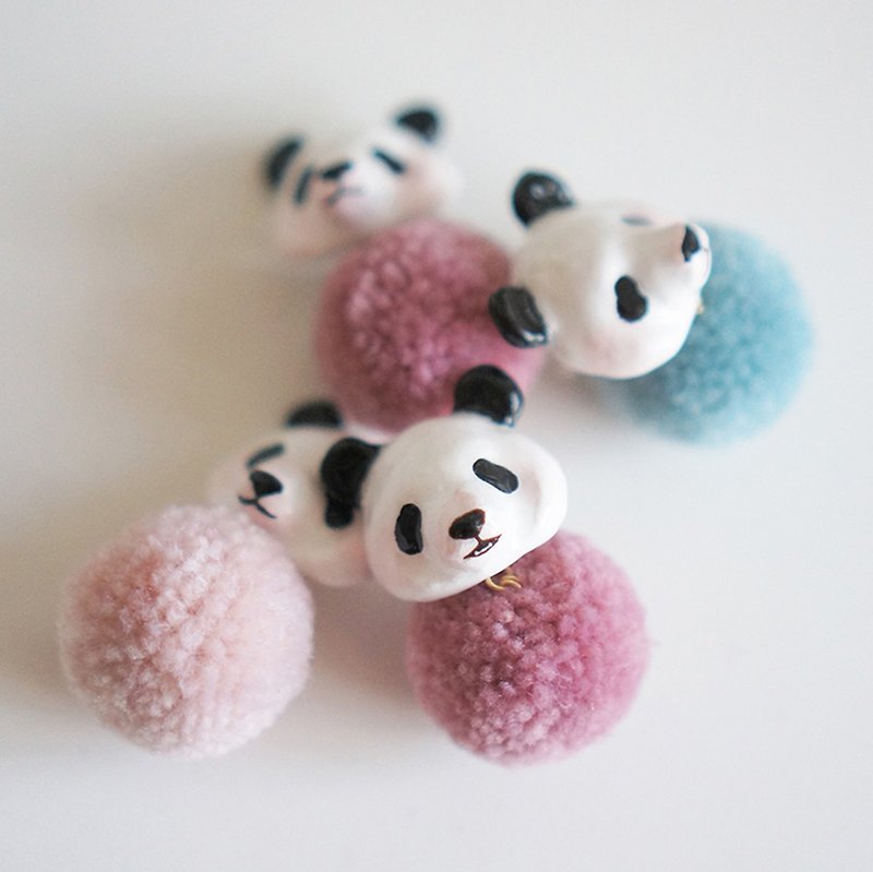 Unicorn forest big panda hair ball a pair of ear clips - Earrings & Clip-ons - Clay Multicolor