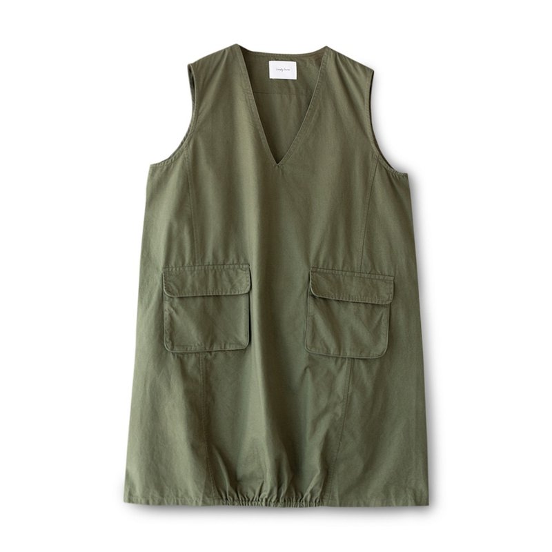 【Simply Yours】Long version V-neck vest green F - Women's Vests - Cotton & Hemp Green