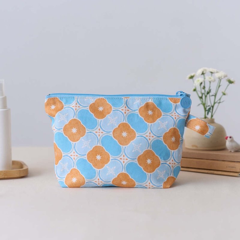 拉鏈梯形收納包/玻璃海棠18號/杏桃橘藍/經典新色IV - 化妝包/收納袋 - 棉．麻 藍色