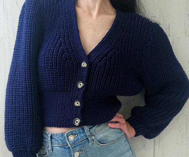 V-Neck Rib-Knit Cropped Cardigan Sweater for Women