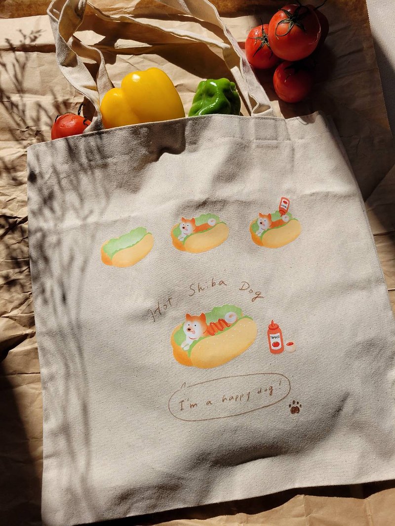 Hot dog Shiba Canvas bag - กระเป๋าถือ - ผ้าฝ้าย/ผ้าลินิน ขาว