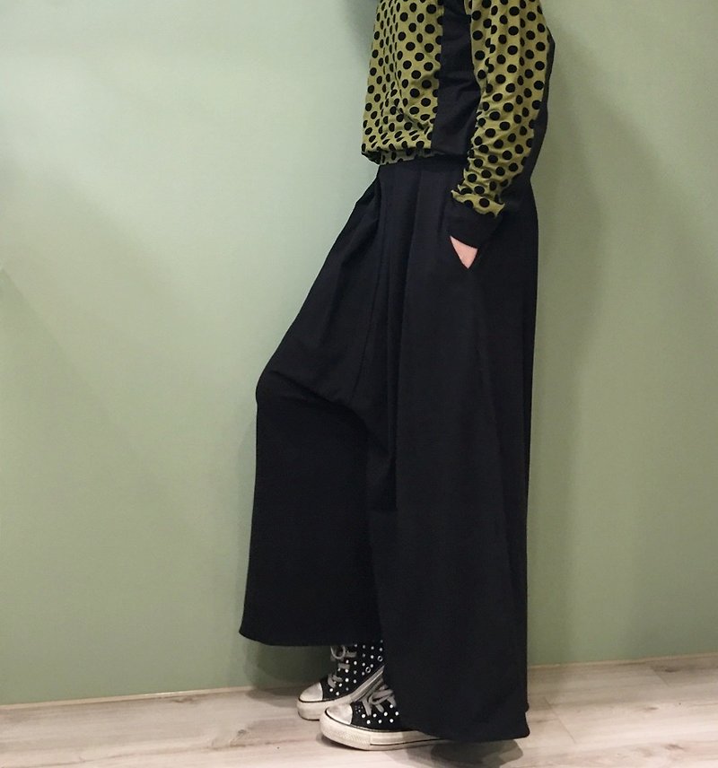 [Pants] Bi-fold wide pants skirt _ black + flocking dot belt - กางเกงขายาว - ผ้าฝ้าย/ผ้าลินิน สีเขียว