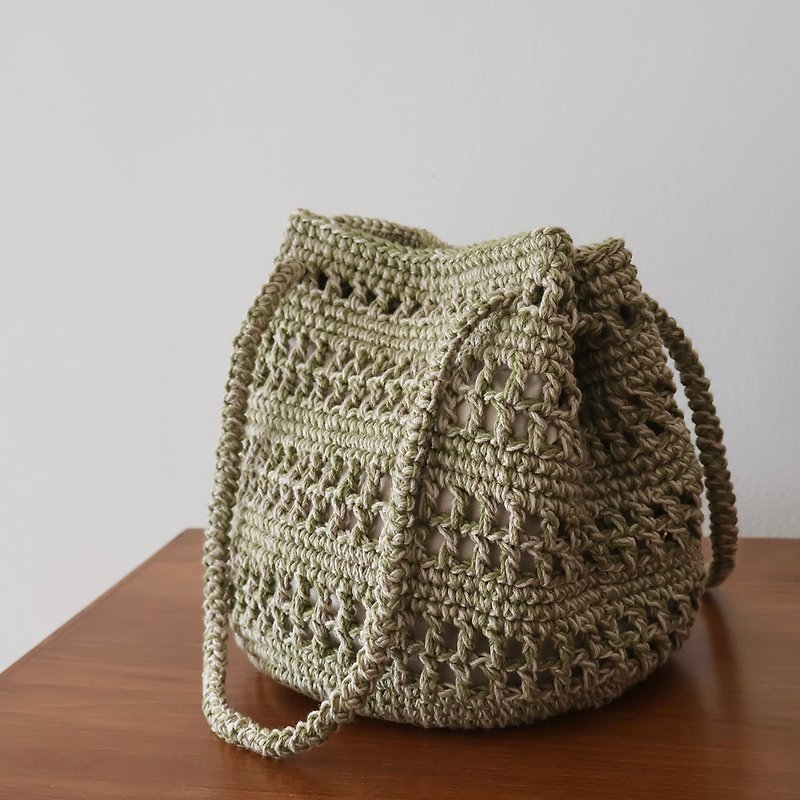 Matcha cotton woven three-way bucket bag shoulder bag crossbody bag handbag Bahnhof handmade - Messenger Bags & Sling Bags - Cotton & Hemp Green