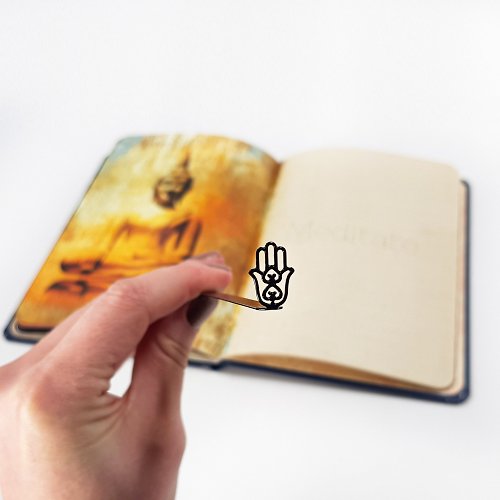 Design Atelier Article Metal bookmark Hamsa. Small bookish gift for spiritual readers.