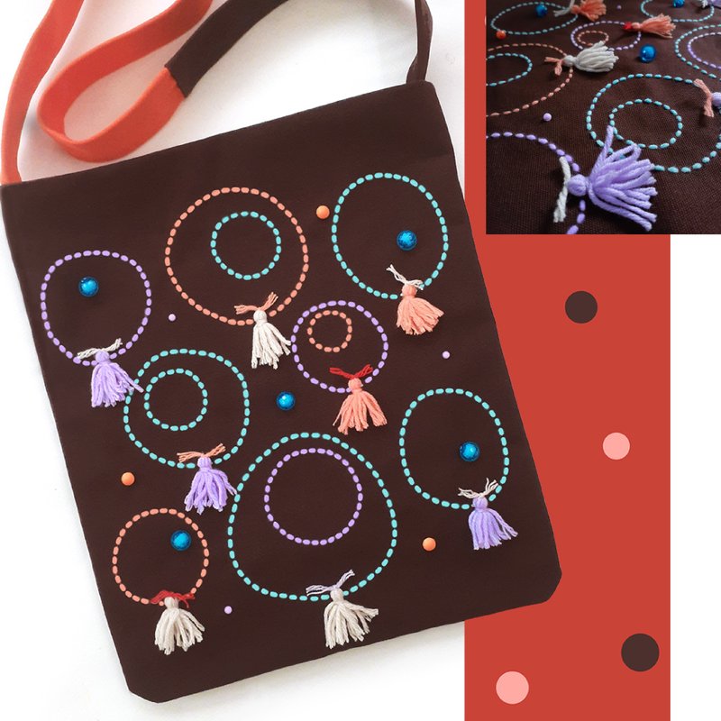 12x14 inch tote. Fun and original with hand-stitched design  and beads - 手提包/手提袋 - 繡線 咖啡色