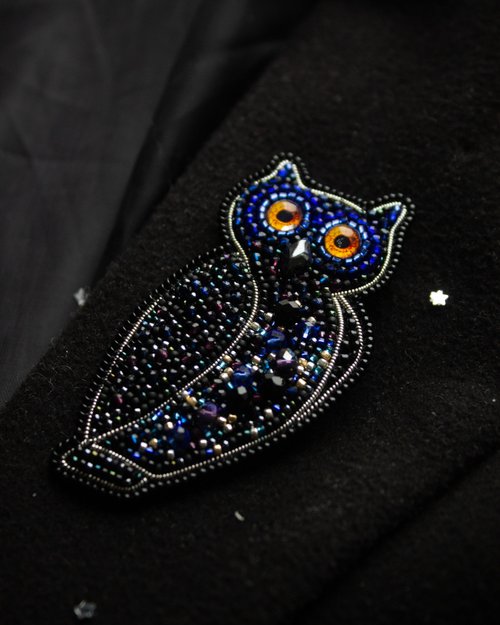 黒い夜フクロウの刺繍ブローチ、宇宙の鳥のブローチ、ハリー・ポッター