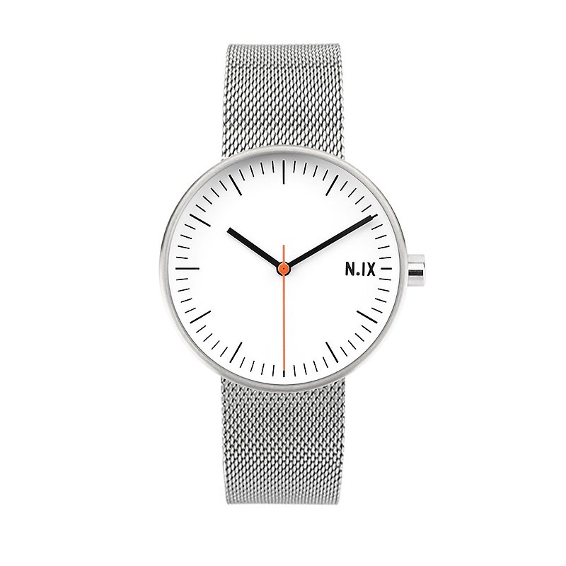 N.IX's Minimalist Wrist Watch - Flat white / Mesh Stainless Steel Watch Band - Women's Watches - Genuine Leather Silver
