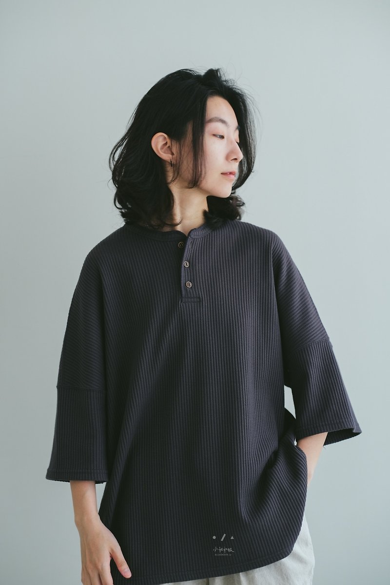 Japanese wooden house waffle polo short-sleeved top pure cotton comfortable casual TEE - 2 colors - เสื้อยืดผู้หญิง - ผ้าฝ้าย/ผ้าลินิน สีเทา