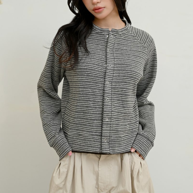 條紋休閒風-短版開襟外套-淺灰色 - 女大衣/外套 - 棉．麻 灰色