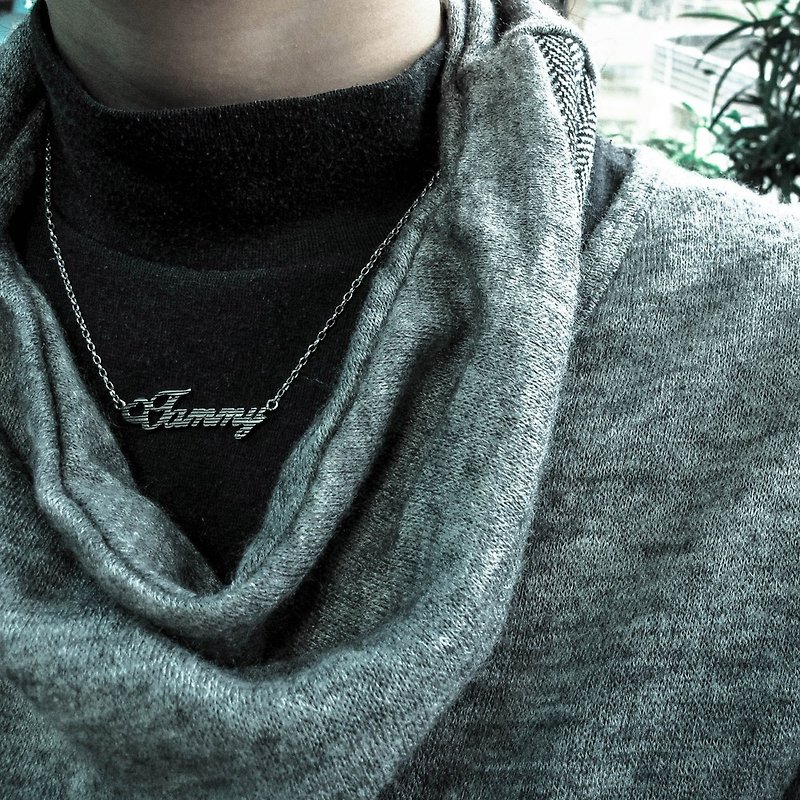 Name/First Name/Letter Necklace Striped Sterling Silver Necklace-64DESIGN - สร้อยคอ - เงินแท้ สีเทา