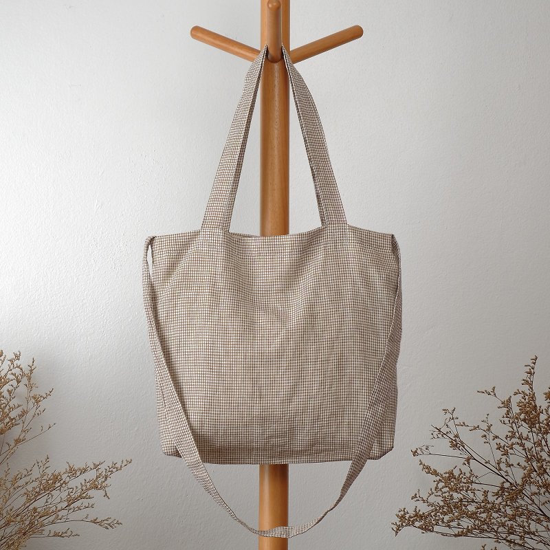 Brown Mini Checkered Linen Tote Bag - Messenger Bags & Sling Bags - Cotton & Hemp Brown