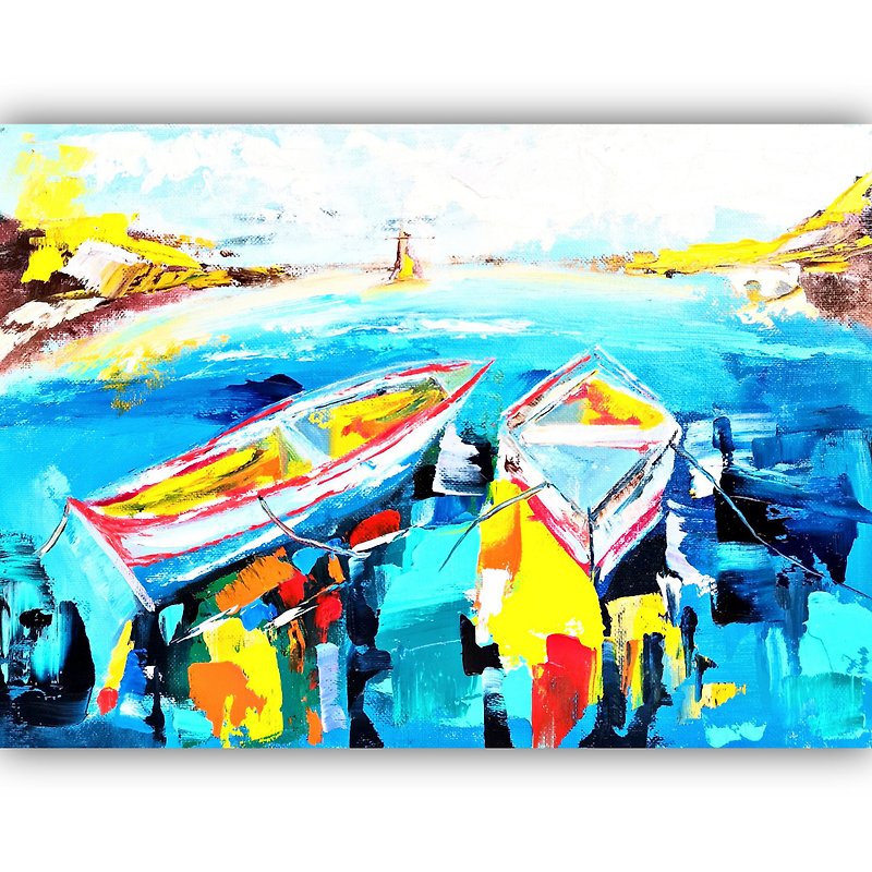 Boat Painting, Seascape Original Art ,Sailboat Painting ,Travel Artwork Home Art - โปสเตอร์ - ผ้าฝ้าย/ผ้าลินิน หลากหลายสี