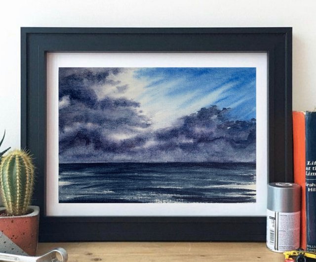 オリジナルの水彩画海景曇り風景海の絵画日当たりの良いアート