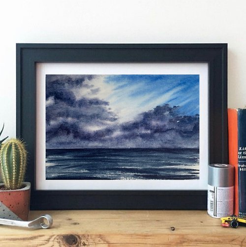 OsipovArtStudio Original Watercolor Seascape Cloudy Landscape Ocean Painting Sunny Artwork