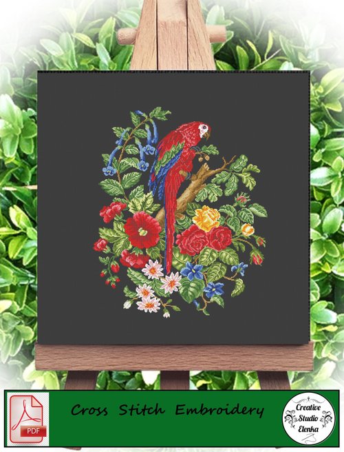 CreativeStudioElenka Antique cross stitch pattern of birds and acorns. Parrot in flowers.