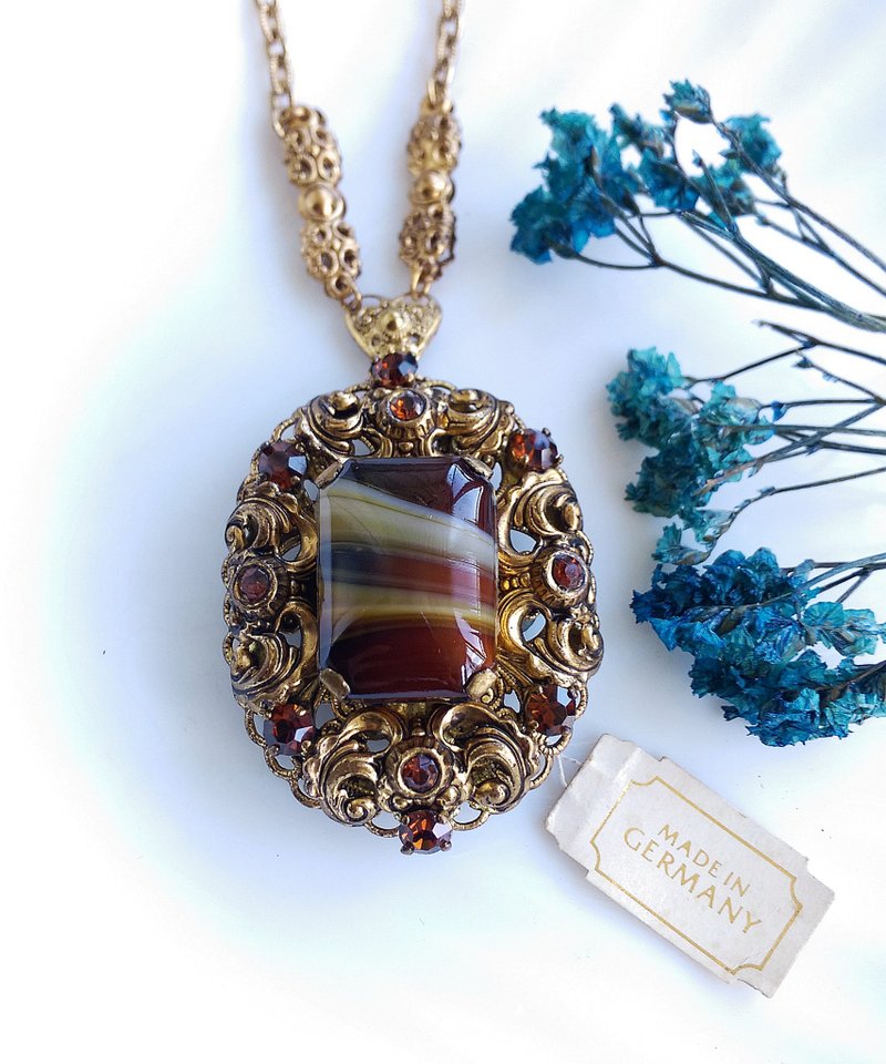 Vintage Jewelry 西洋古董飾品 西德製 方形瑪瑙 別針 項鍊 兩用 - 徽章/別針 - 其他金屬 金色
