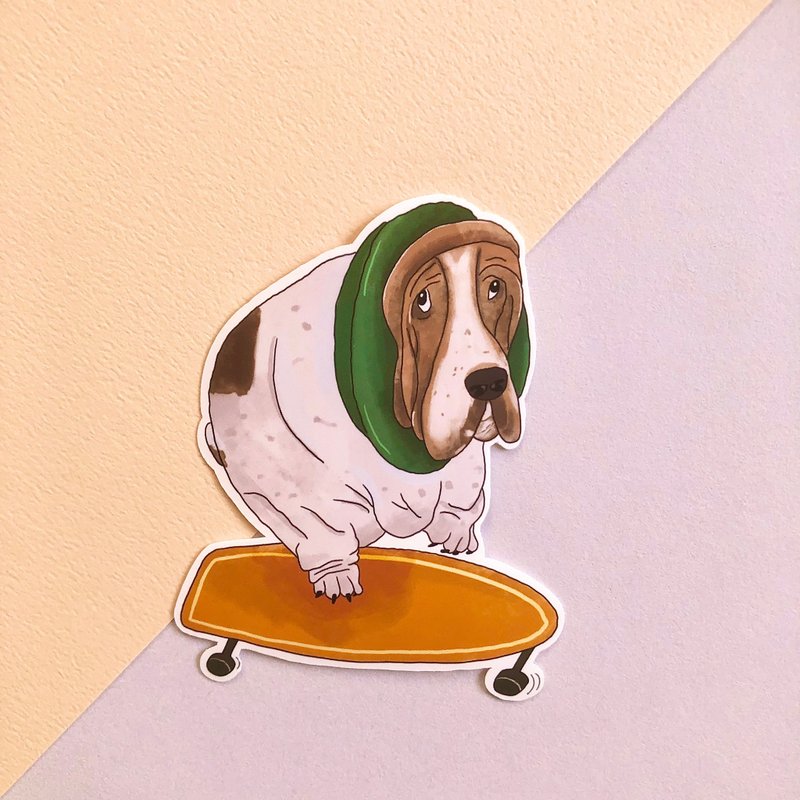 可愛狗狗彩繪貼紙 憂鬱巴吉度滑板犬貼紙 - 貼紙 - 紙 