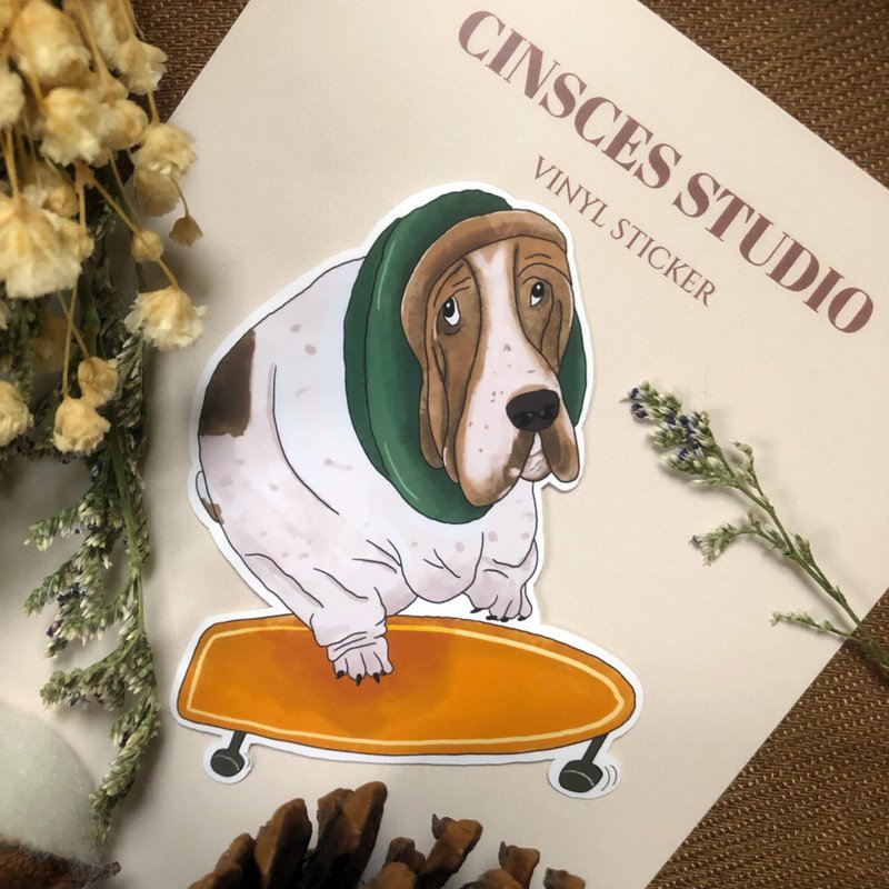 可愛狗狗插畫貼紙 憂鬱巴吉度滑板犬 防水貼紙 行李箱貼 - 貼紙 - 紙 