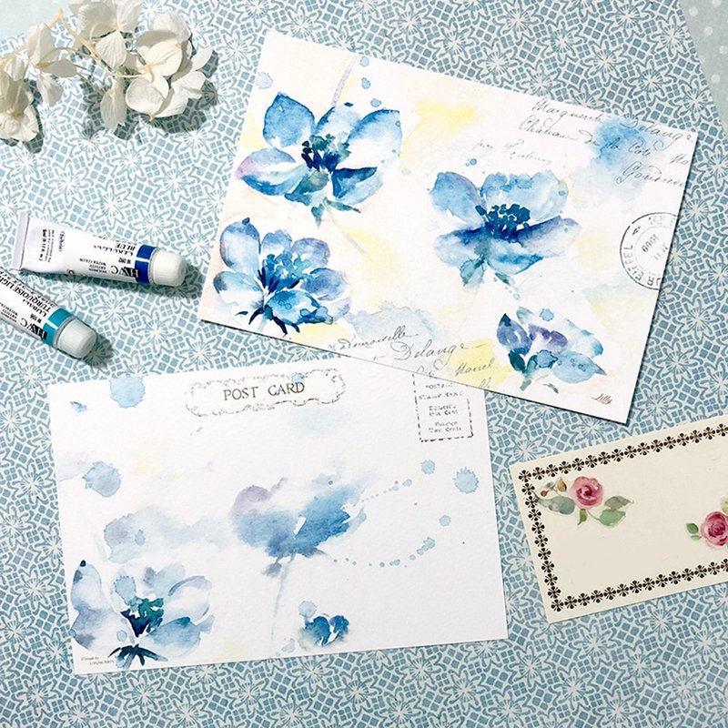 水彩明信片/心意卡【風裡的小藍花】 - 卡片/明信片 - 紙 藍色