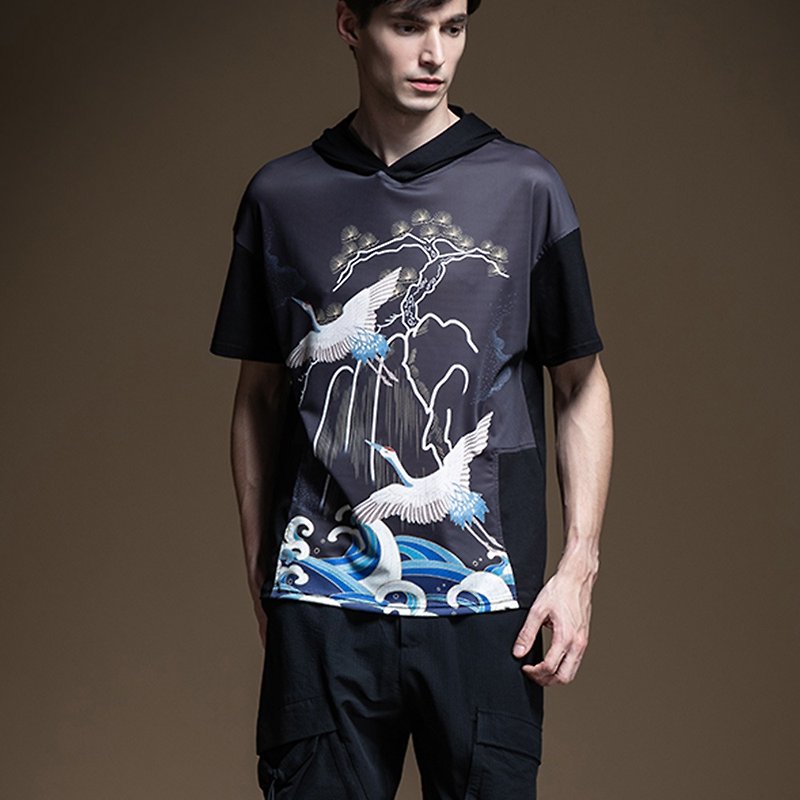 PINLI Pingli summer Chinese style printed hooded short-sleeved T-shirt - Men's T-Shirts & Tops - Cotton & Hemp Black