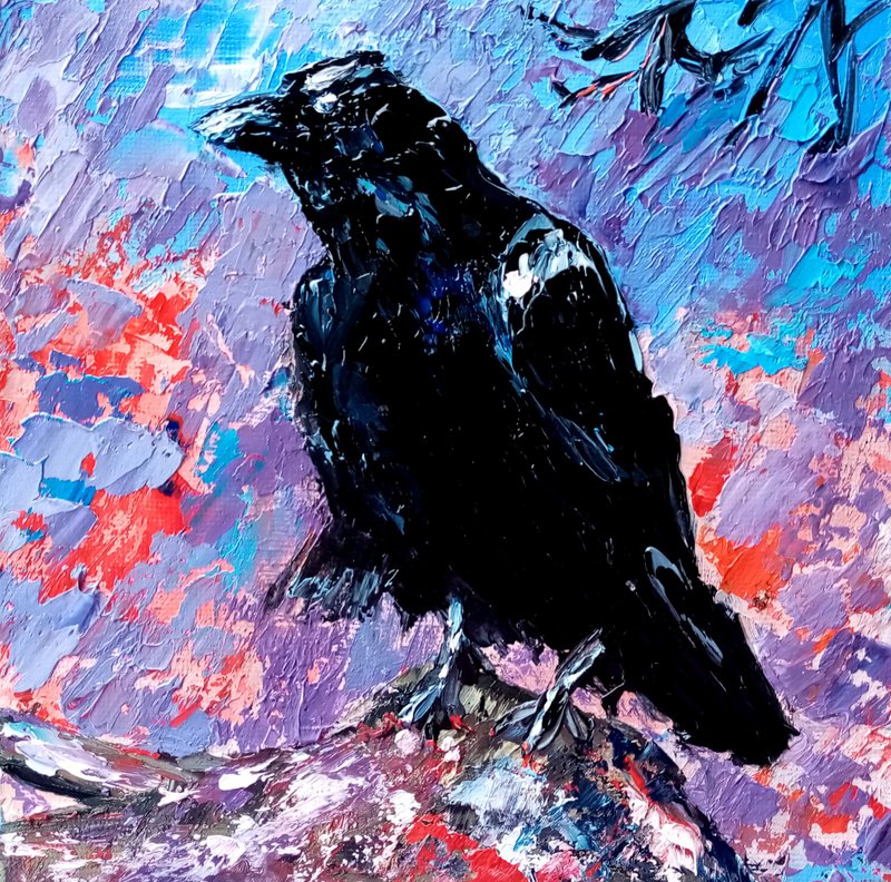 Crow Painting Bird Original Art Small Artwork Raven Painting Oil Impasto - 海報/掛畫/掛布 - 其他材質 多色
