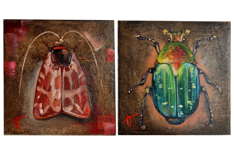 Set of 2 miniature with insects, oil painting 10*10cm, original diptych artwork - ตกแต่งผนัง - วัสดุอื่นๆ หลากหลายสี