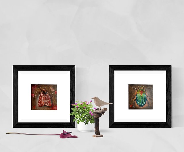 昆虫のミニチュア 2 枚セット、油絵 10*10cm、オリジナルの二連祭壇画