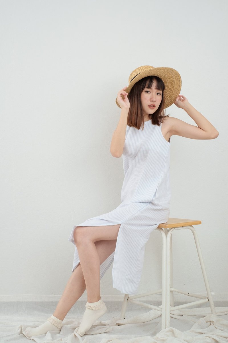 White and Light Blue Striped Big Bow Linen Dress - One Piece Dresses - Linen White