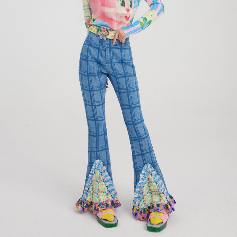 Plaid Elastic Stitching Print Retro High Waisted Flared Jeans Slim Fit - กางเกงขายาว - วัสดุอื่นๆ สีน้ำเงิน