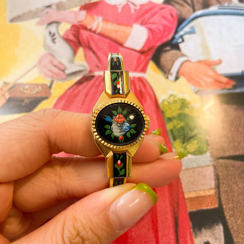 中古3朵小花揭蓋式上鏈手扼錶(壞的) (瑞士製造) - 女錶 - 其他金屬 黑色