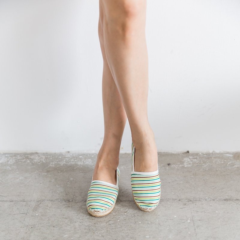 日本製布料左右腳不分草編鞋--條紋嫩葉綠 - 女休閒鞋/帆布鞋 - 棉．麻 綠色