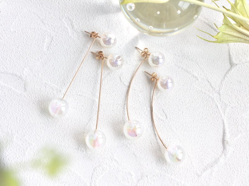 14kgf-Aurora bubbles long back pierced earrings(arch or straight) - 耳環/耳夾/耳骨夾 - 其他金屬 白色