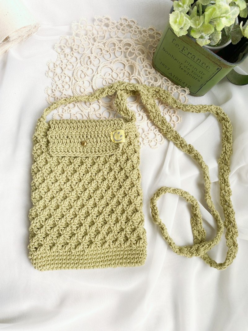 【好日手作】Handmade。手工韓國棉線編織淺綠色手機斜背包側背包 - 側背包/斜背包 - 棉．麻 綠色