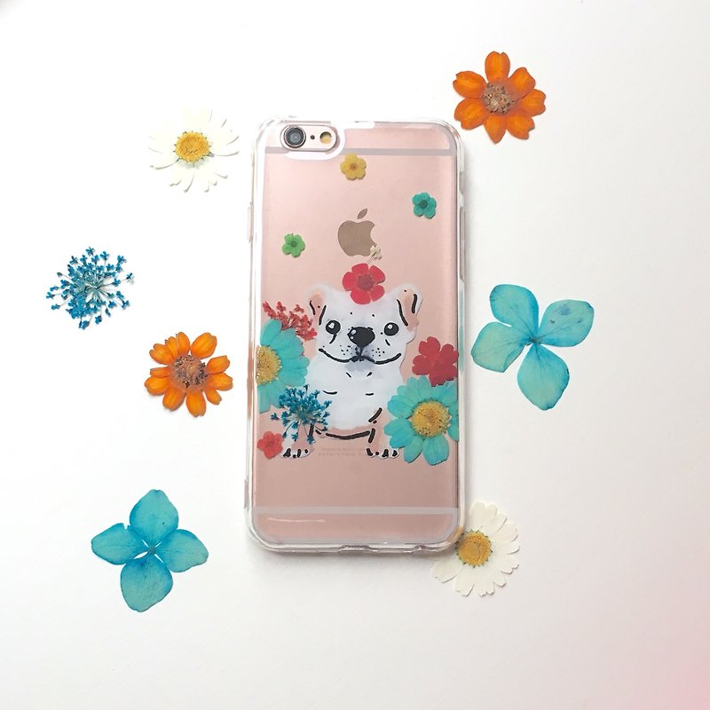 Animal series hand-painted French bucket and small flower embossed phone case - เคส/ซองมือถือ - พืช/ดอกไม้ ขาว