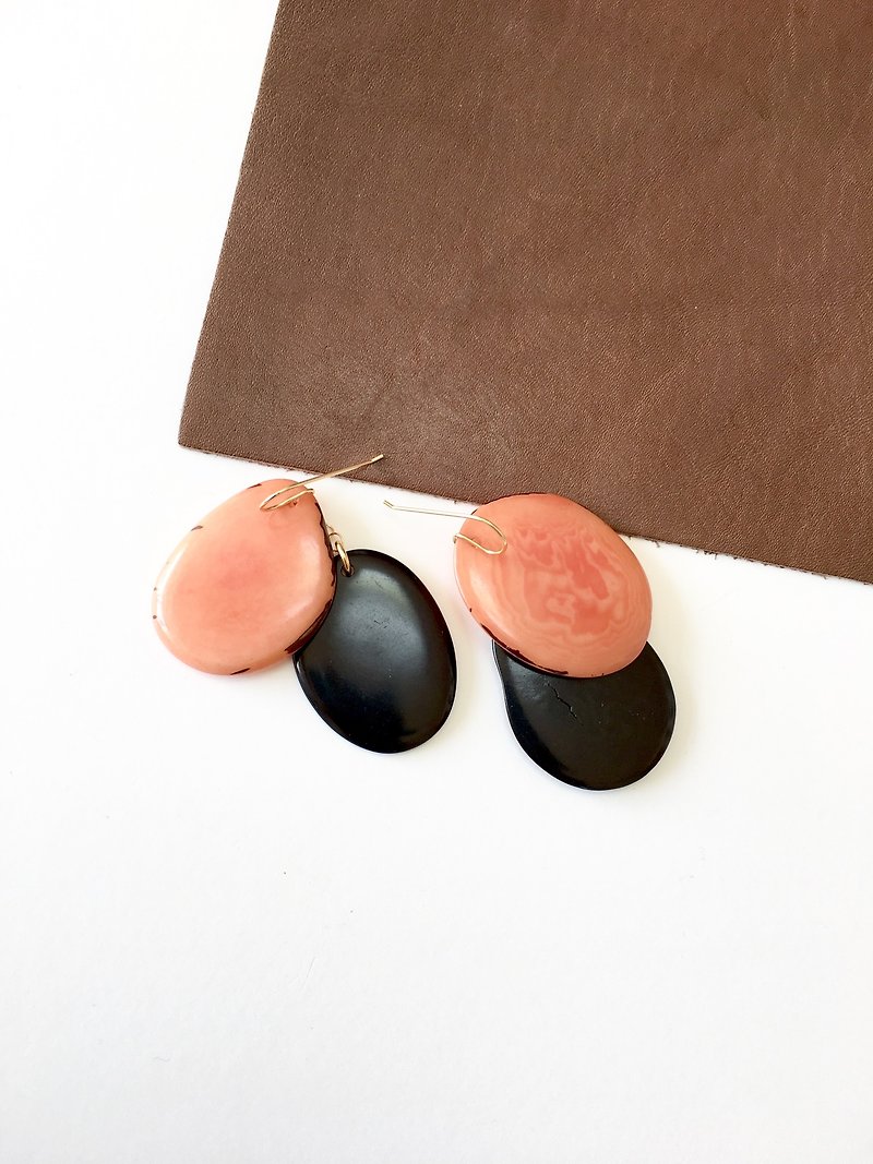 Tagua chips hook-earring 14 kgf salmon pink color - Earrings & Clip-ons - Wood Pink
