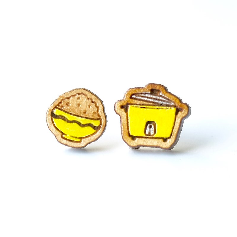 Painted wood earrings-Rice Cooker(yellow) - Earrings & Clip-ons - Wood Yellow