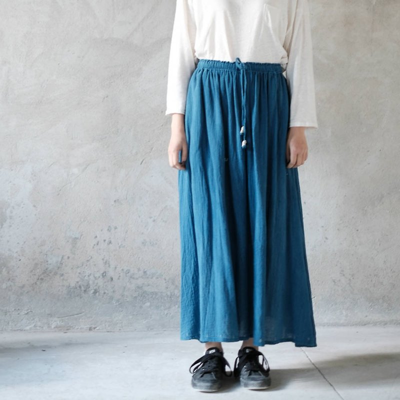 Limited Edition | Lake Blue Natural Plant Blue Stained Spike Embroidered Cotton Half-length Knee Dress Drawstring Elastic Waist - Skirts - Cotton & Hemp Blue