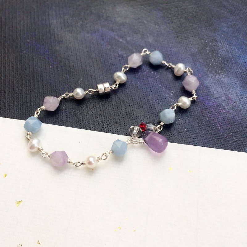Natural colorful crystal pearl bracelet polygonal faceted crystal with amethyst drop pendant 925 silver - Bracelets - Gemstone 