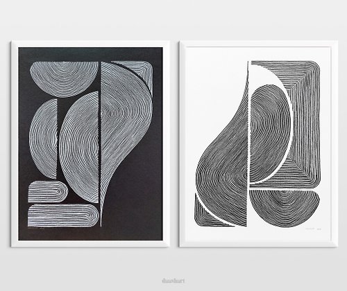 daashart 2 套原始線條藝術黑白抽象形狀藝術品時尚牆