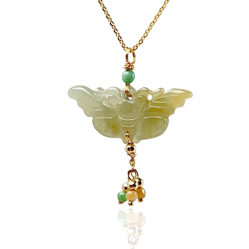 Ice yellow jadeite butterfly necklace 14K gold filled | Natural Burmese jadeite A goods | Gift giving - สร้อยคอ - หยก หลากหลายสี