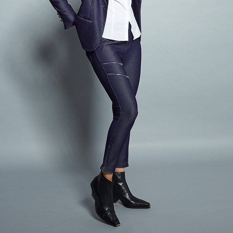 Stretchy Zip Trousers - กางเกงขายาว - ผ้าฝ้าย/ผ้าลินิน สีน้ำเงิน