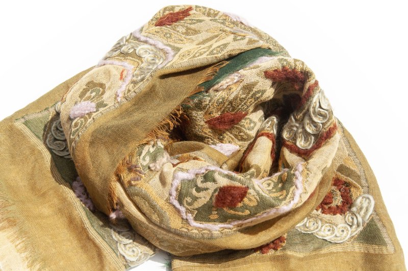 喀什米爾Cashmere/水煮羊毛披肩/針織圍巾/刺繡圍巾/羊絨披巾-花 - 圍巾/披肩 - 羊毛 多色