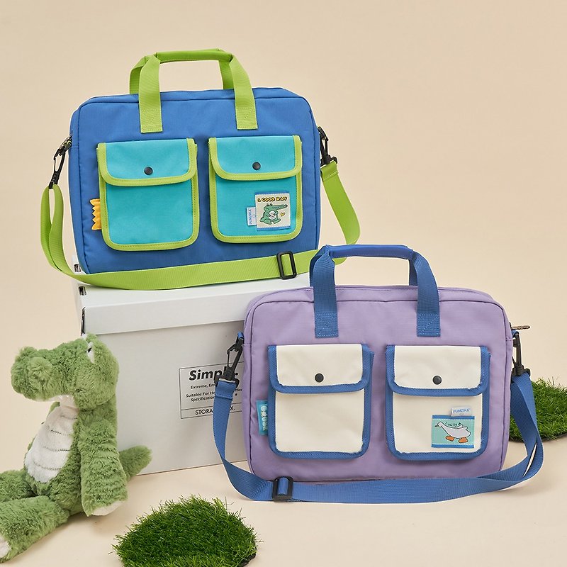 Color-blocking double-pocket laptop bag, waterproof, shockproof, diagonal laptop bag - กระเป๋าแล็ปท็อป - วัสดุอื่นๆ 