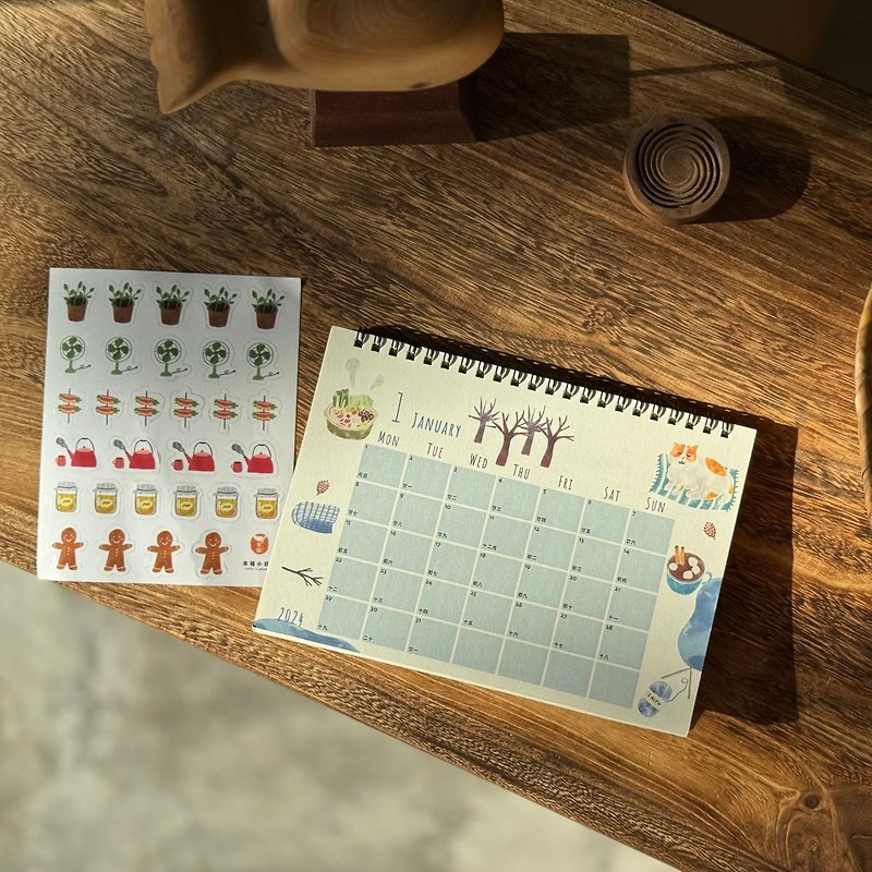 In stock 2024 Slowly hand-painted monthly calendar plus two-piece set of hand-painted stickers - ปฏิทิน - กระดาษ ขาว