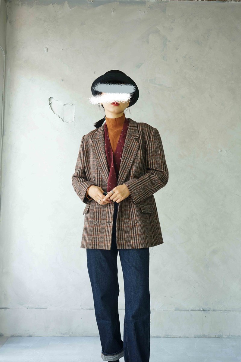 尋寶古著-DAKS經典深棕千鳥格毛料雙排釦西裝外套 - 女西裝外套 - 羊毛 咖啡色